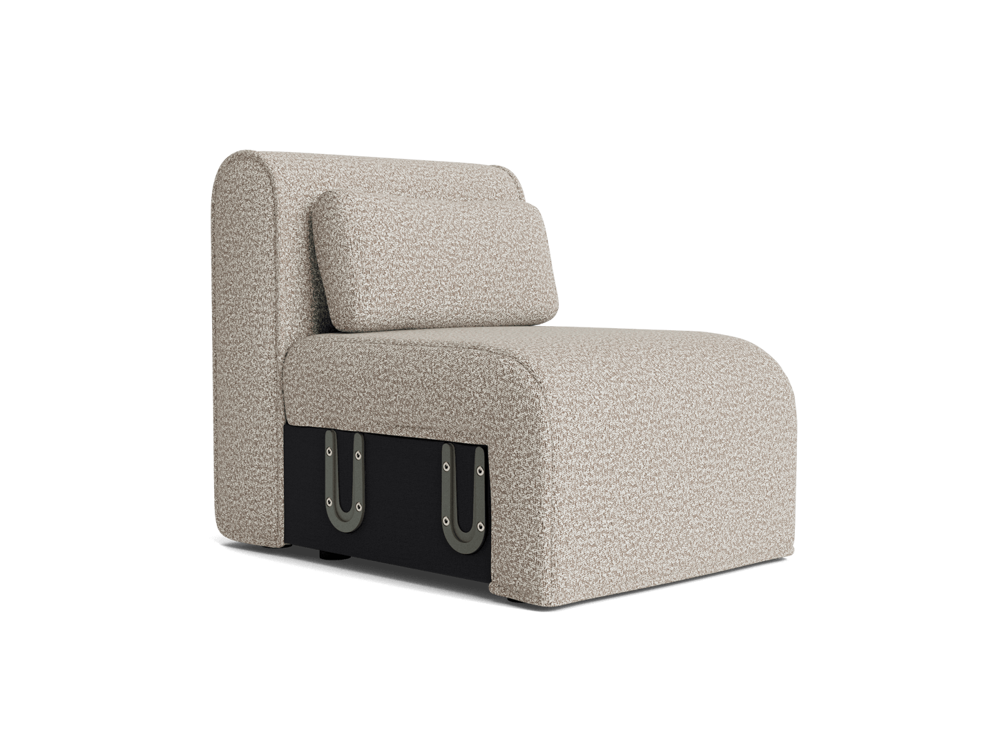 Beige modern modular armless sofa chair with black base and metal brackets. Cushioned backrest and seat. Simple, contemporary design.