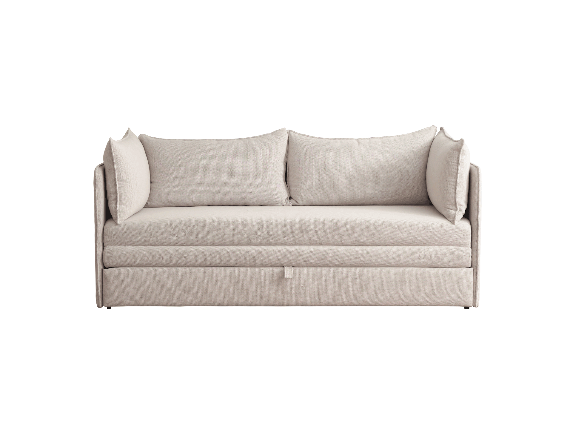 Light beige sofa with cushioned backrest and sides, featuring a sleek, minimalist design.