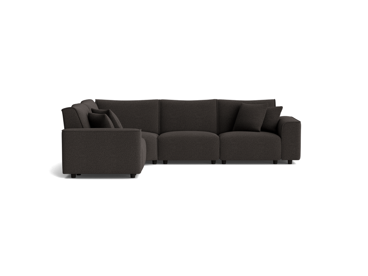 Dark grey L-shaped sectional sofa with plush cushions and soft upholstery. Modern and spacious design suitable for living room comfort.
