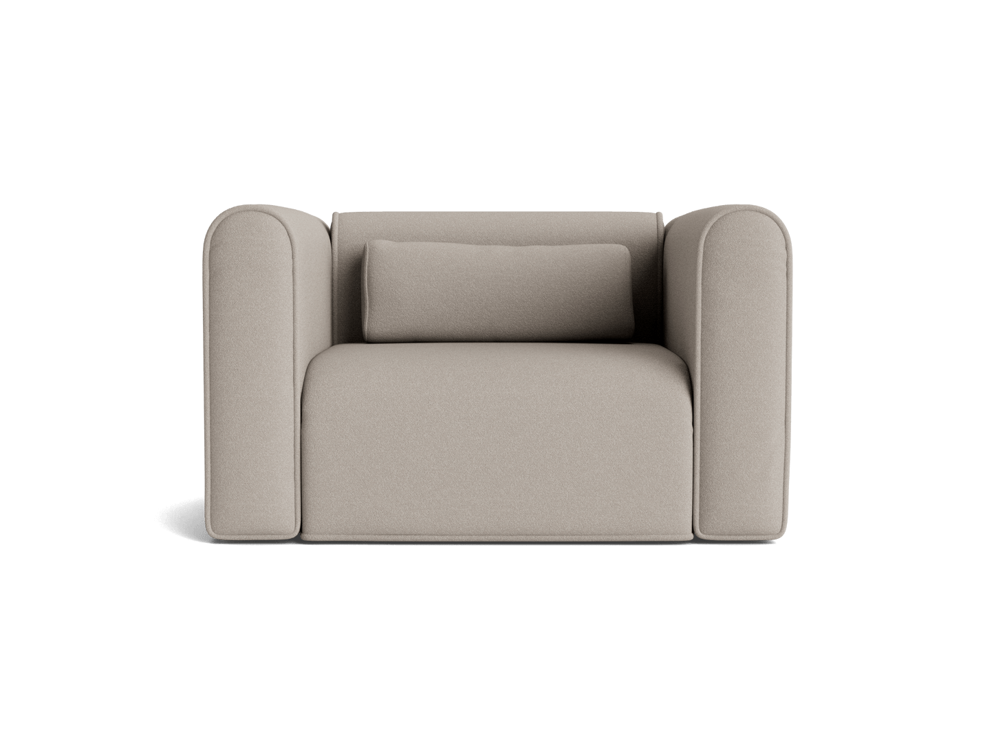 Modern light grey armchair with thick armrests, a wide backrest, and matching cushion. Simple, sleek design suitable for contemporary interiors.