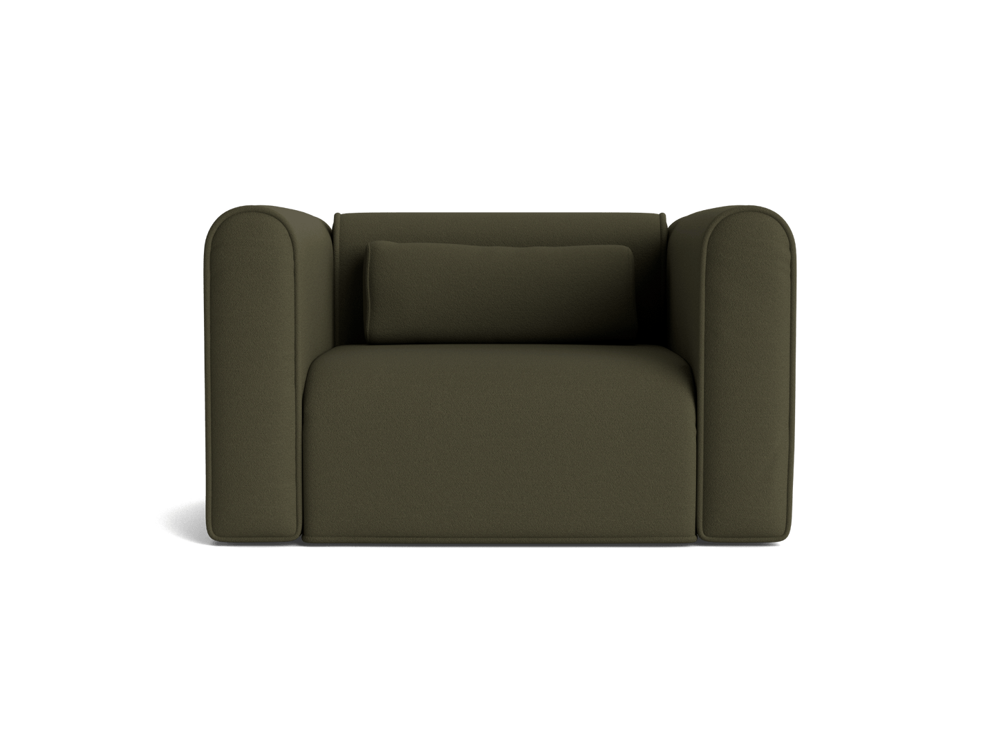 Dark green armchair with plush upholstery, wide seat, and curved armrests. Features a matching back cushion. Modern and minimalist design.