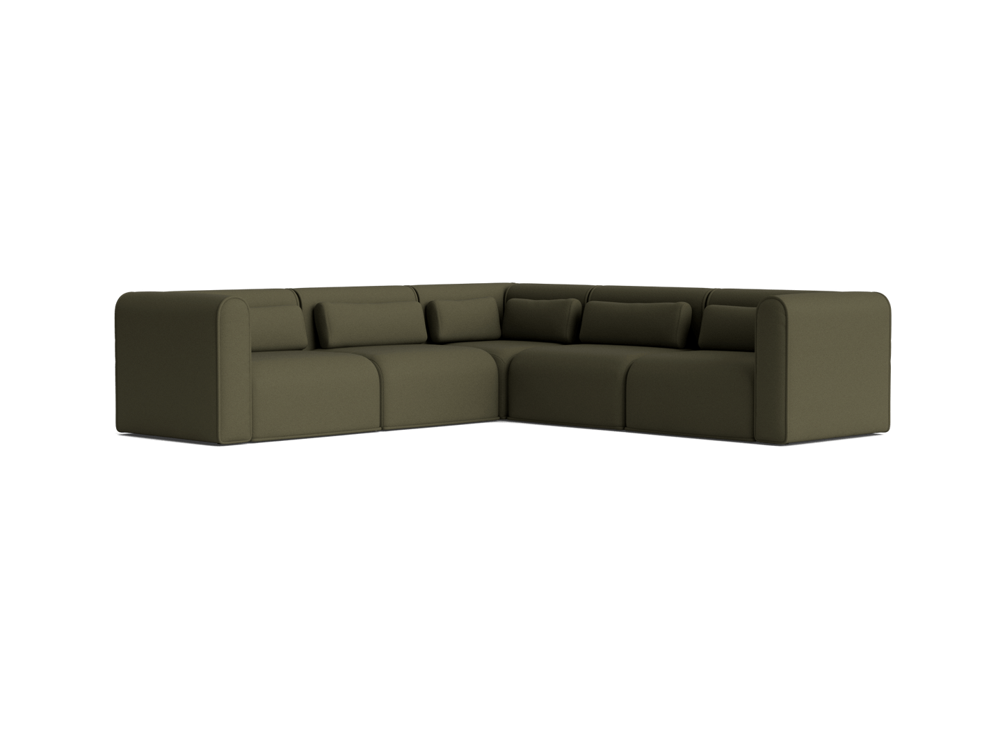 Olive green modular L-shaped sofa with soft cushions and a minimalist design. Perfect for living room furniture or contemporary interiors.