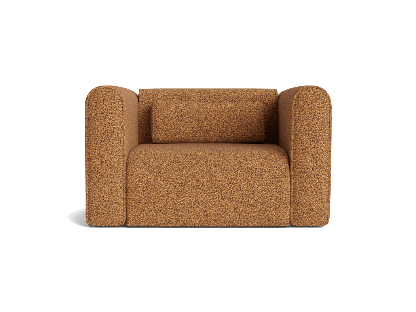 Rust-brown boucle armchair with rounded arms and a matching back cushion. Modern, minimalist design perfect for cosy living spaces.