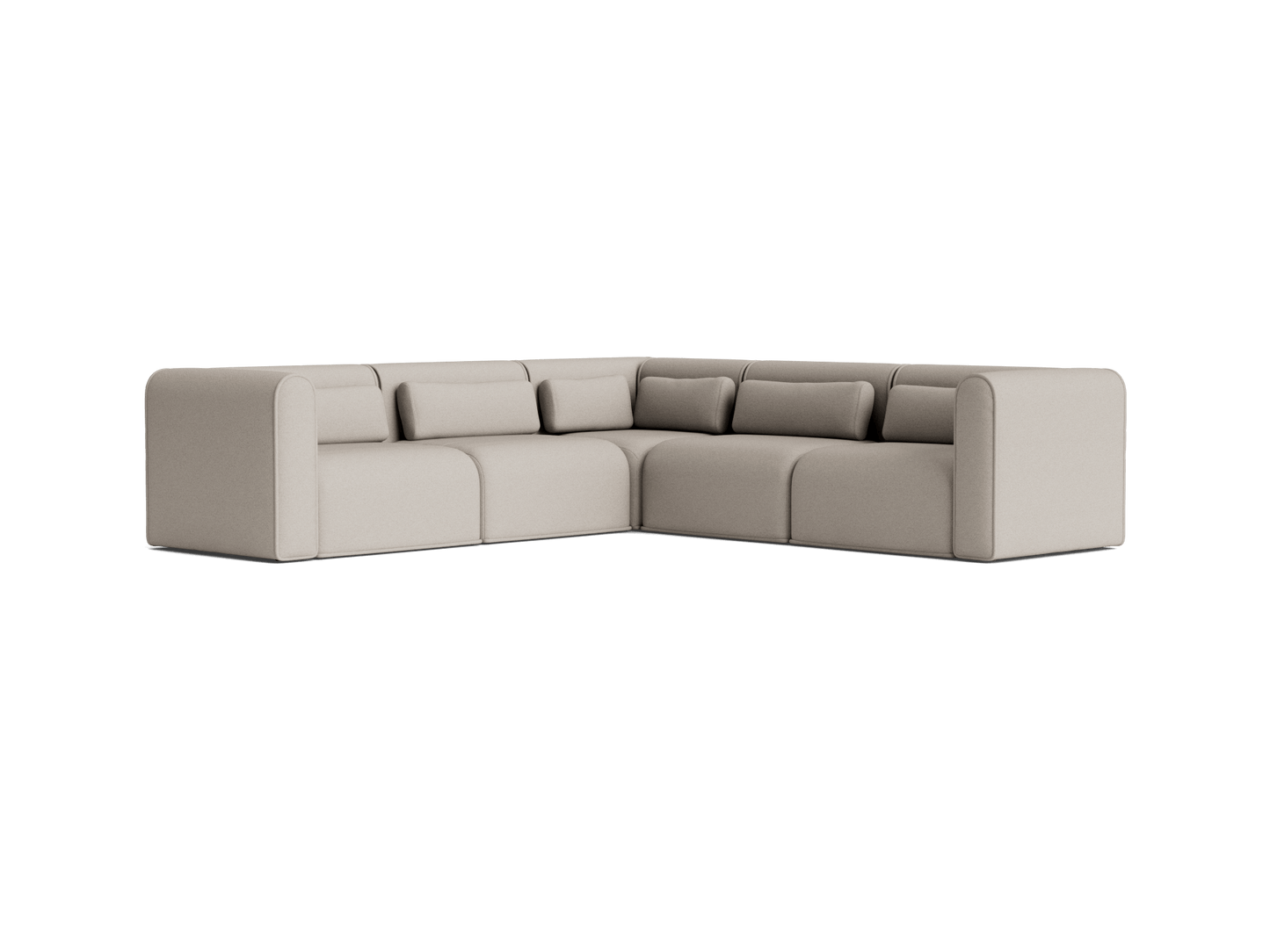 Light grey L-shaped sectional sofa with cushioned armrests and backrests. Ideal for modern living rooms.