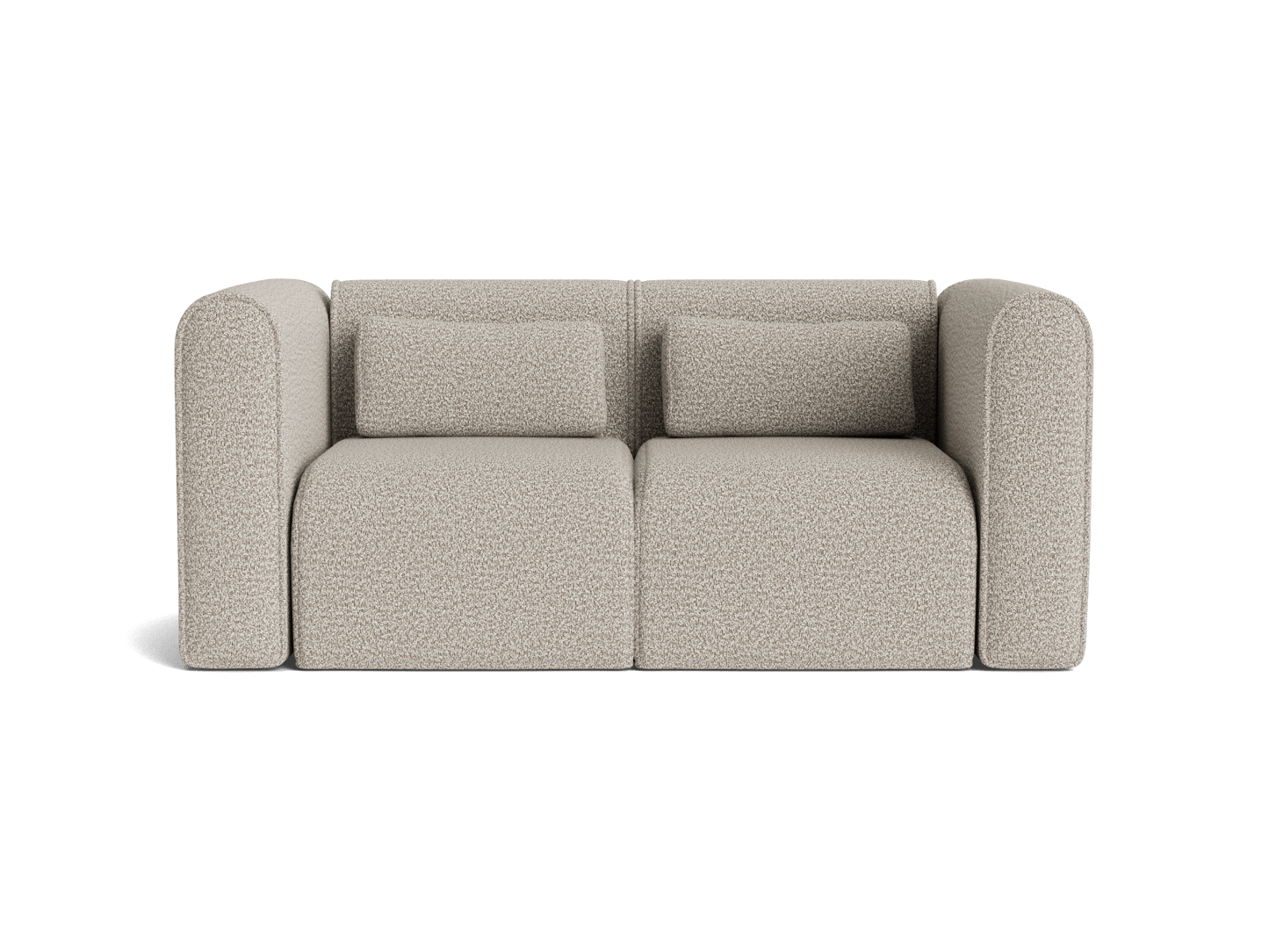 Modern two-seater sofa in light grey upholstery with rounded arms and cushioned backrest.