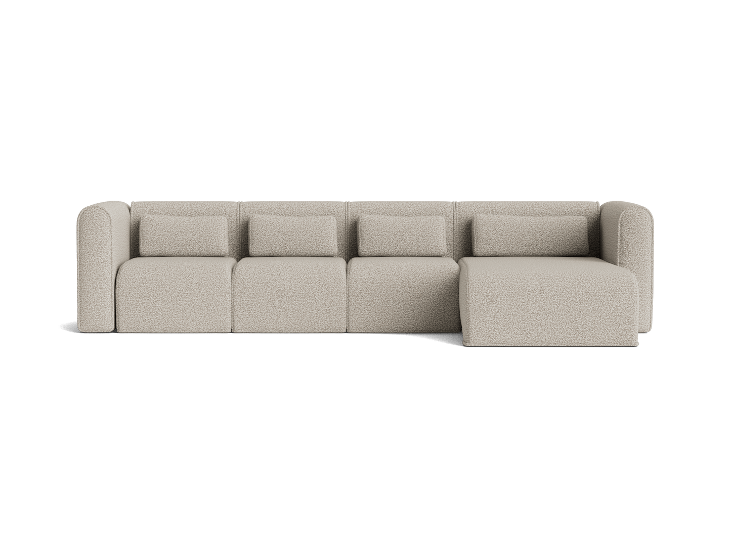 Light grey modular sectional sofa with a chaise on the right side, featuring clean lines and a minimalist design.