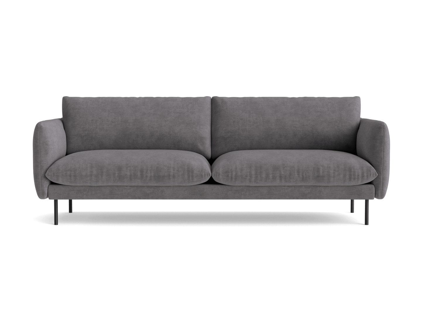 Grey fabric three-seater sofa with plush cushions and slender black legs, offering a modern and sleek design.