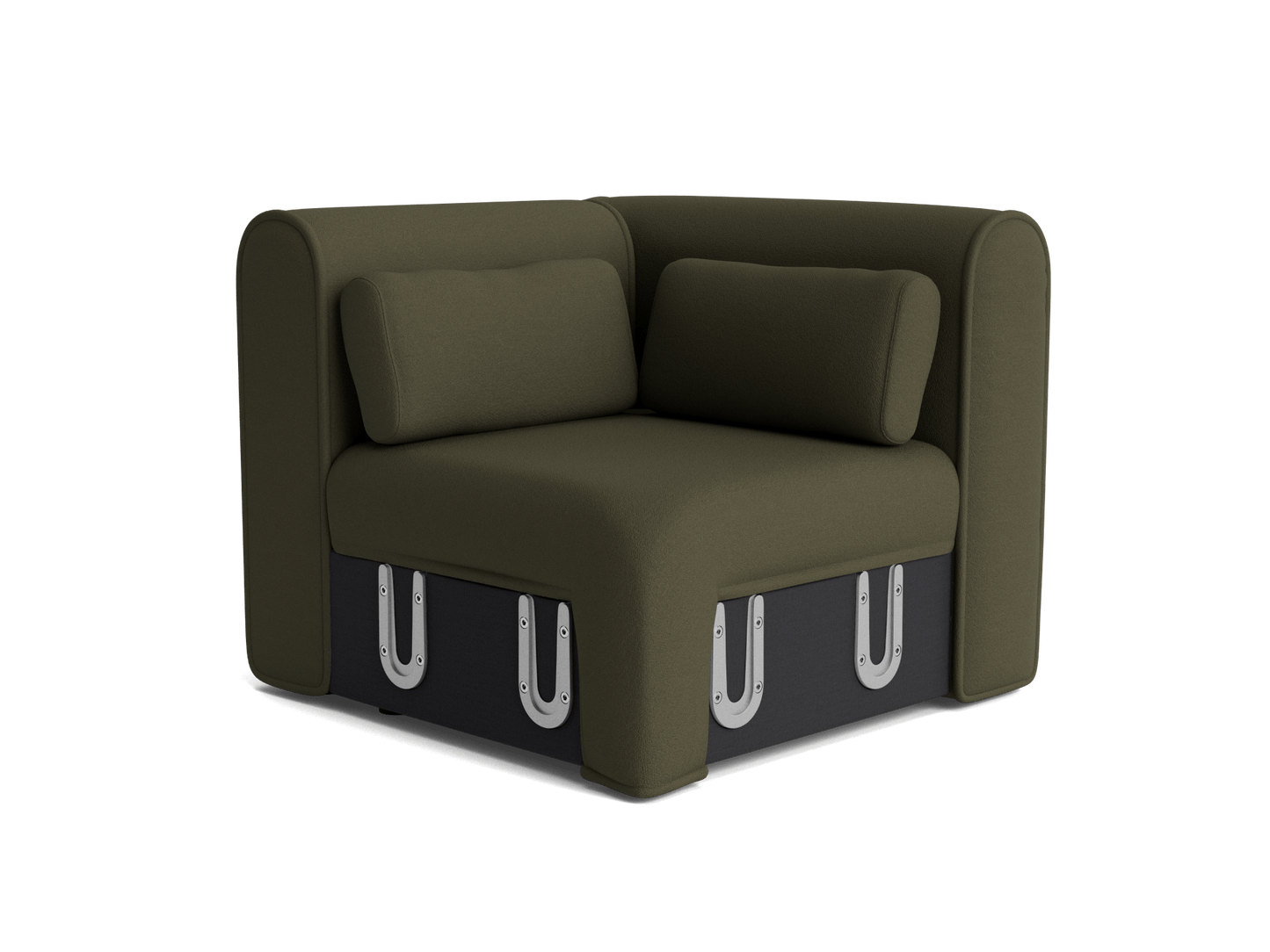 Olive green corner chair with cushioned back and seat, featuring black base with silver metal brackets.