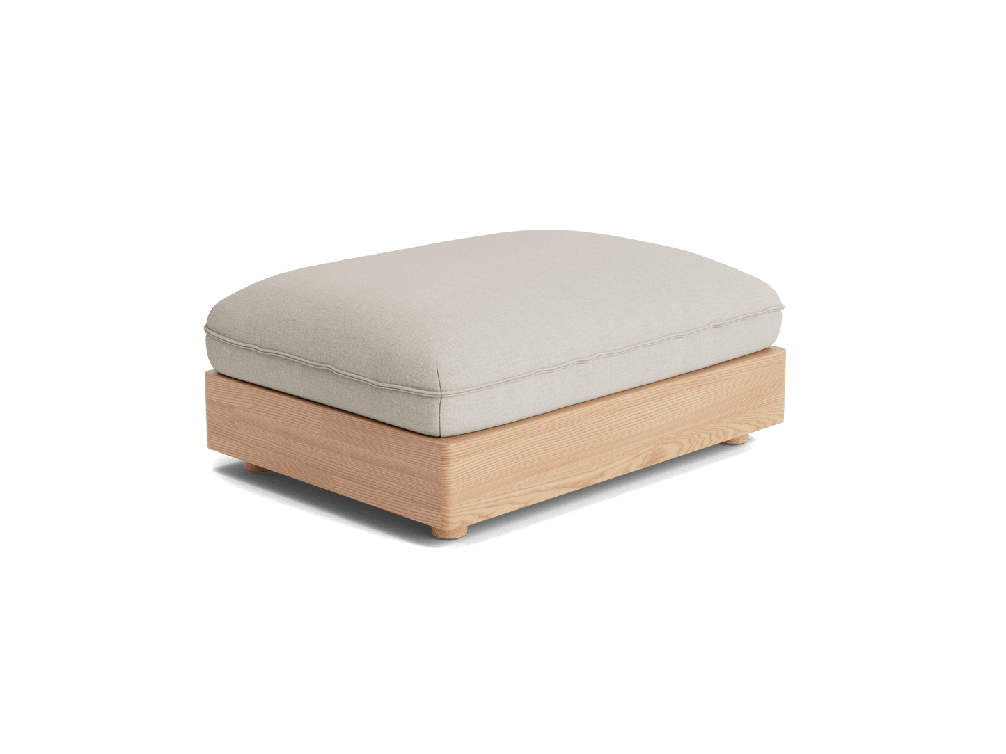 Light grey ottoman with a cushioned top on a light wood base. Perfect for living room decor and extra seating.