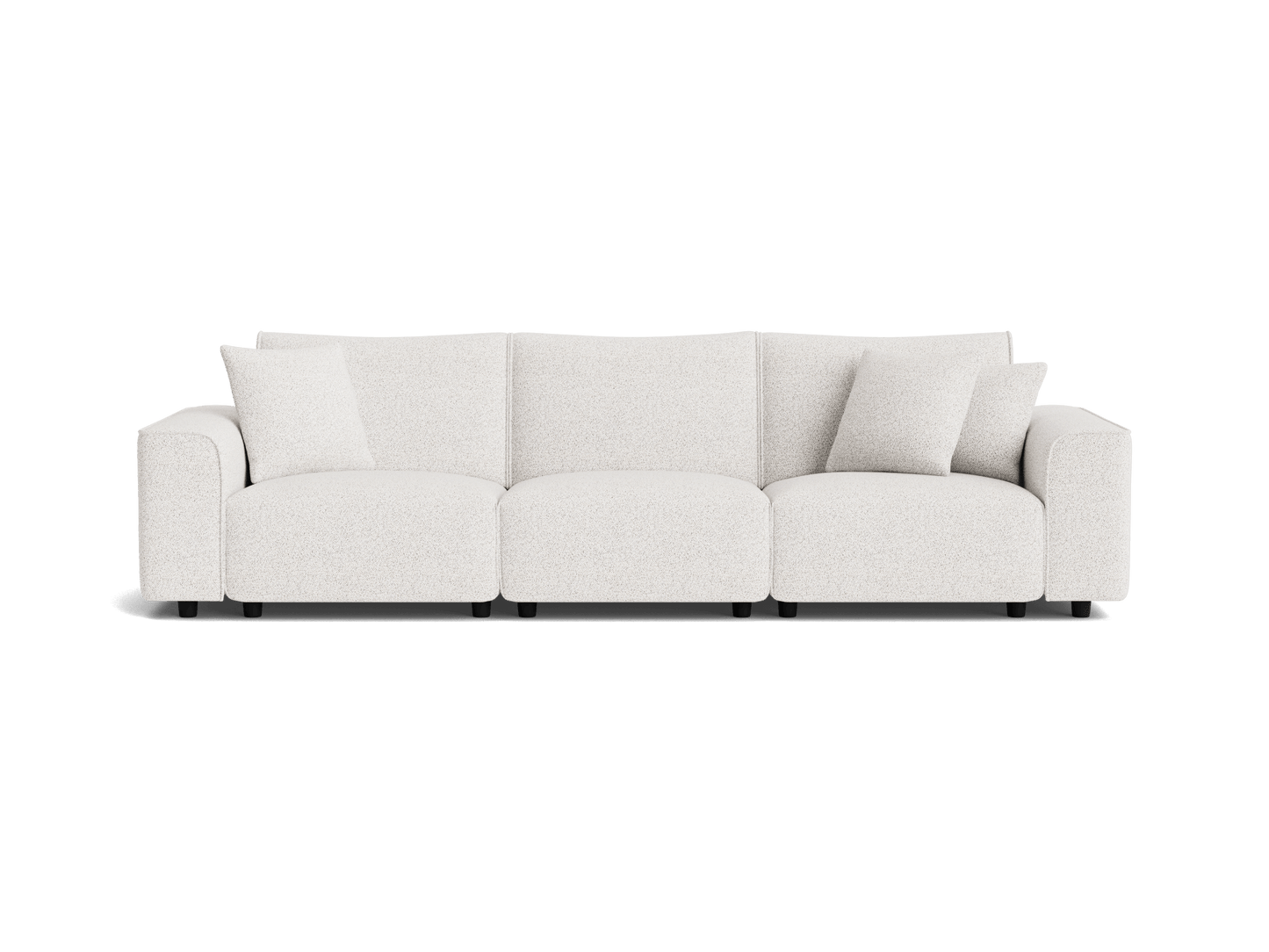 Modern light grey three-seater sofa with plush cushions and wide armrests, offering a stylish and comfortable seating option.
