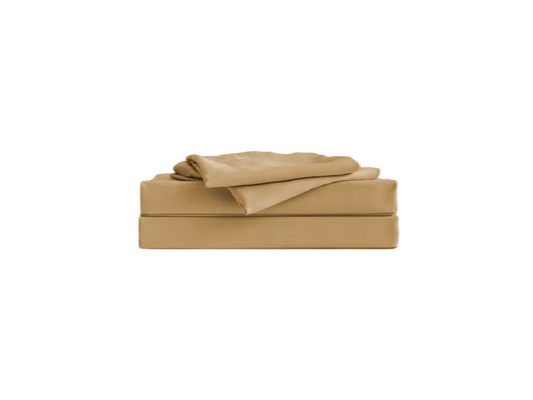 Folded set of light brown sheets on a matching pillowcase, neatly stacked.