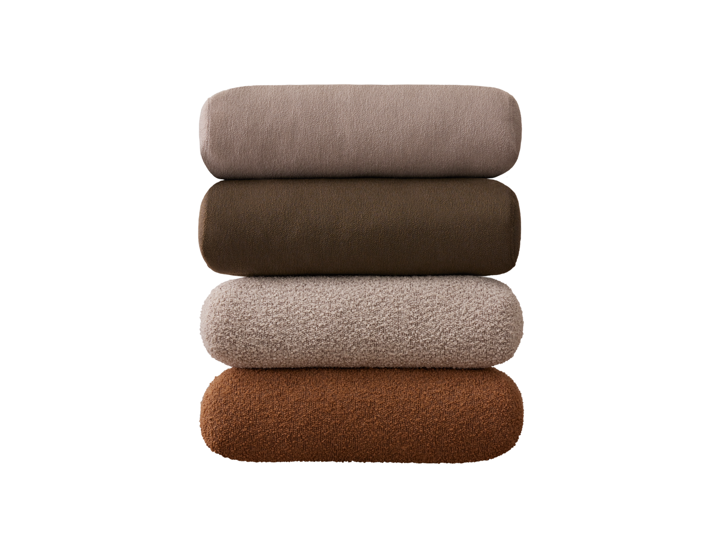 Four folded blankets stacked vertically: light grey, dark brown, beige, and rust brown. Each has a soft, textured surface.