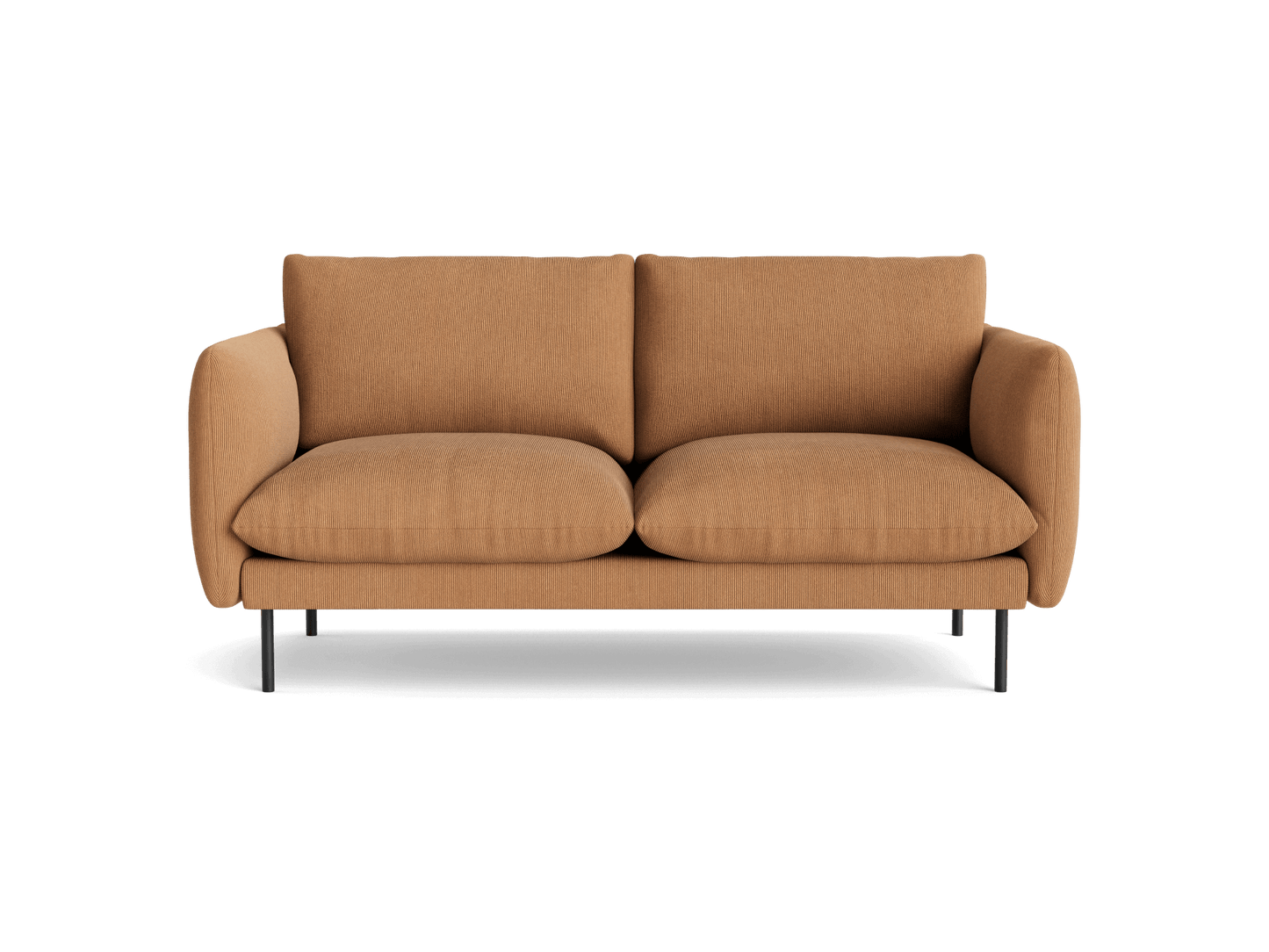 Tan two-seater sofa with rounded cushions and armrests, set on slender black metal legs.