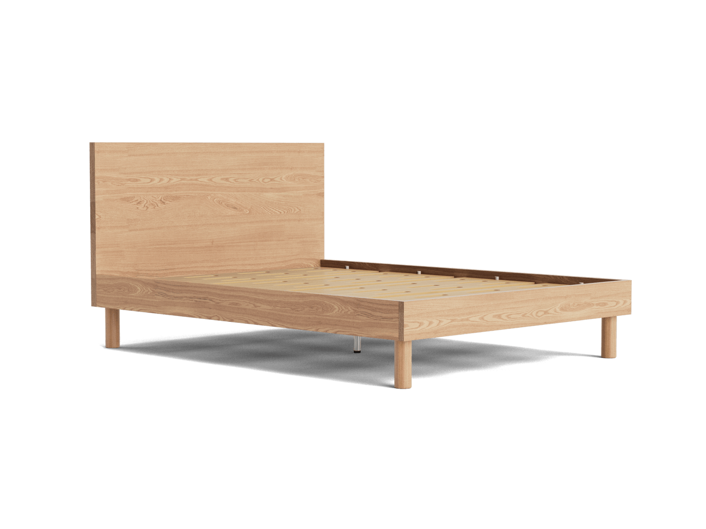 Light wood bed frame with simple, minimalist design. Features a rectangular headboard and slatted base on short legs.