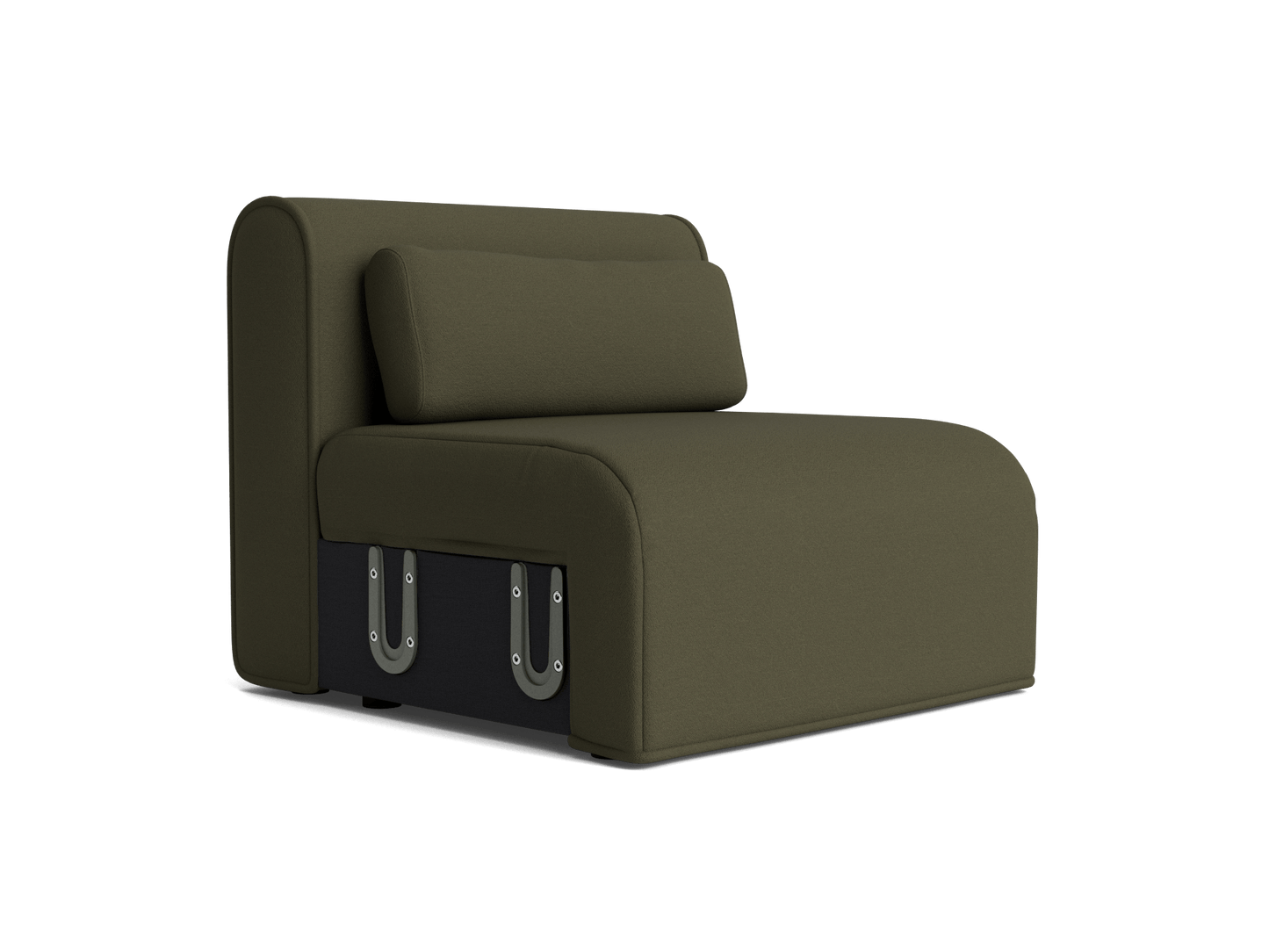 Olive green modular sofa chair with a cushioned backrest, featuring visible metal brackets on a black base for contemporary style.