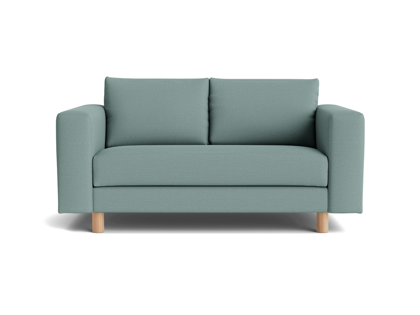 A light grey two-seater sofa with wooden legs, featuring rounded arms and two back cushions, shown on a plain background.