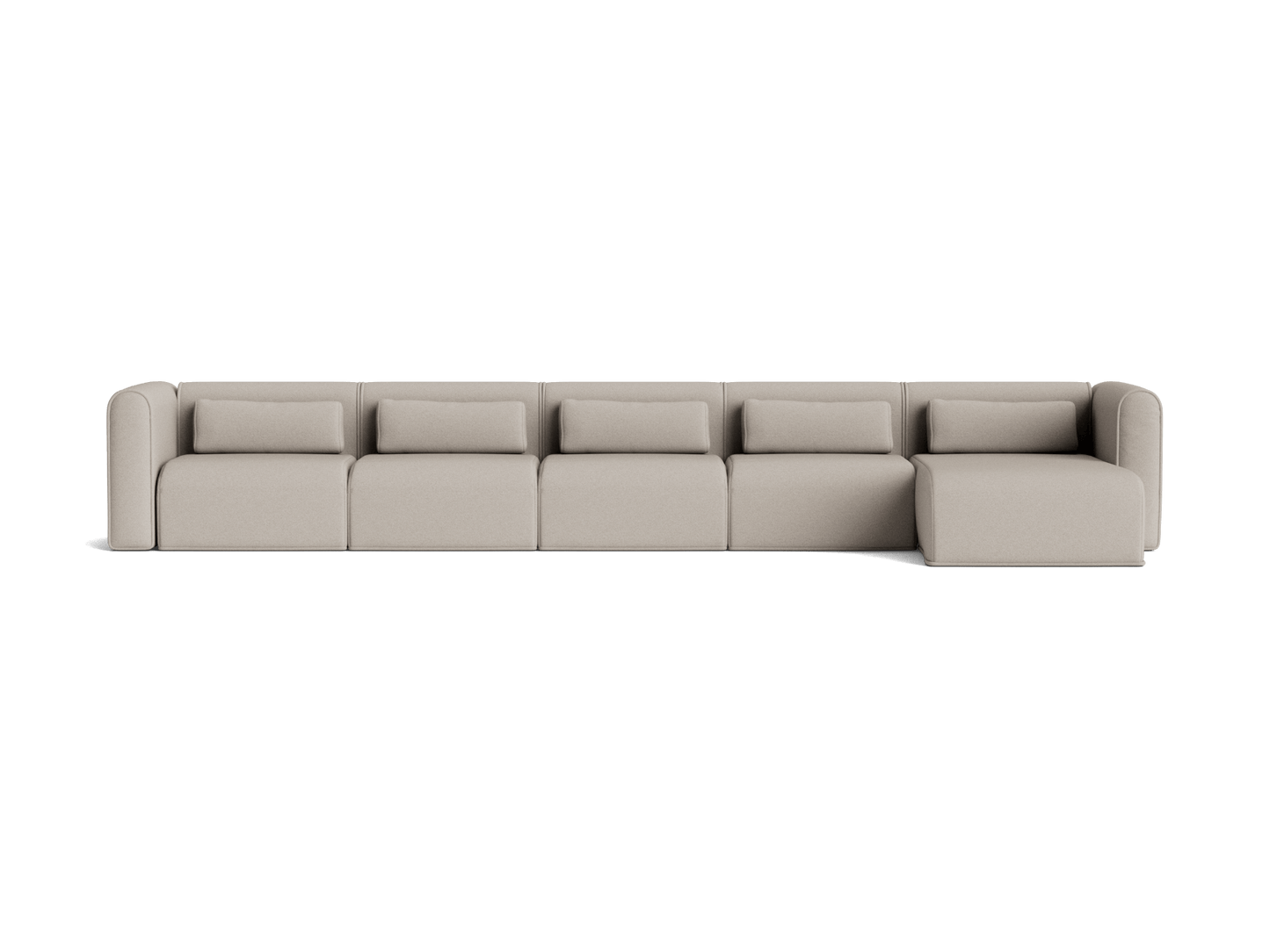 Light grey modular sofa with four seats and a chaise lounge on the right. Plush cushions provide extra comfort and modern design.