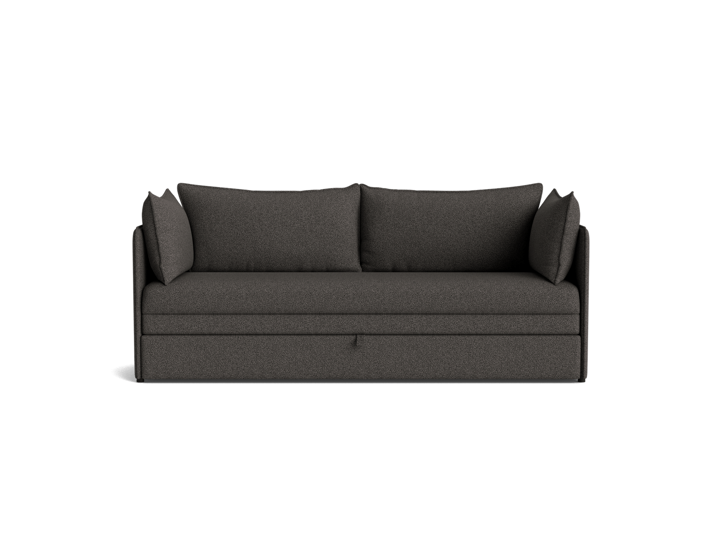 Dark grey sofa with a minimalist design, featuring two cushions and slim armrests. Perfect for modern living rooms.