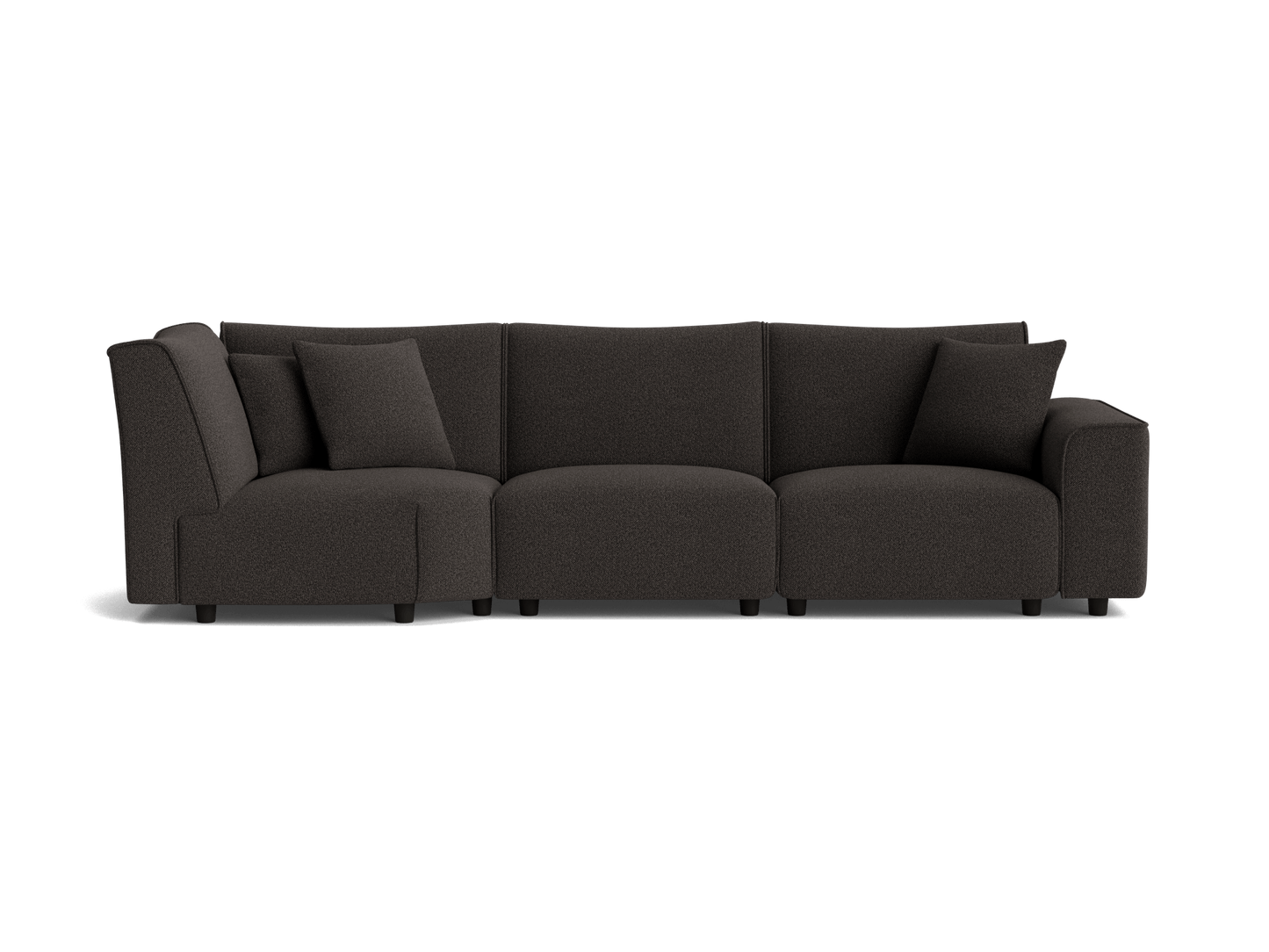 Dark grey L-shaped sectional sofa with three cushions on a white background. Modern design, plush fabric, suitable for spacious living rooms.