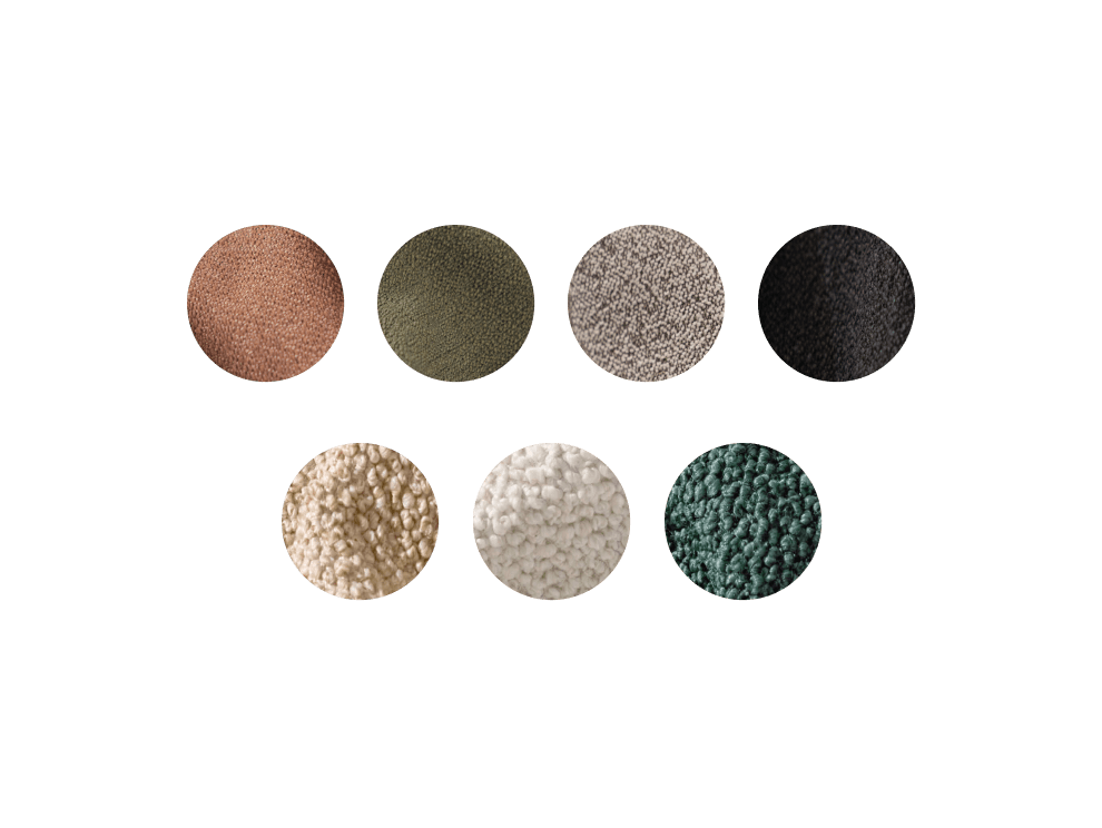 Seven fabric swatches: pink, olive, grey, black, beige, off-white, teal. Each swatch is circular, showcasing texture and colour.