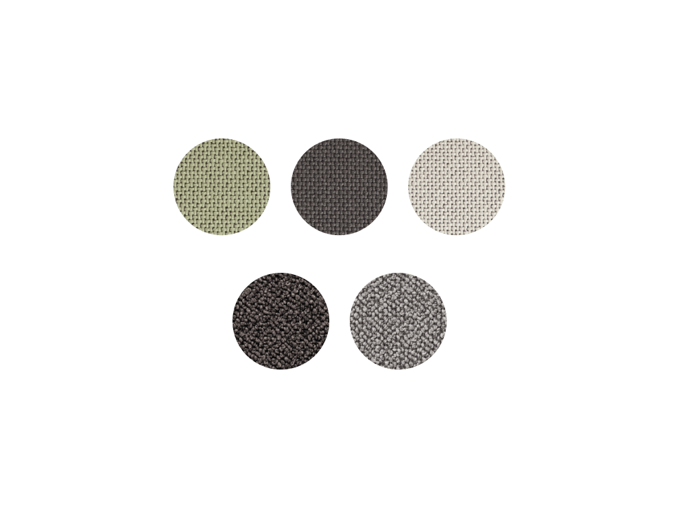 Five round swatches of woven fabric in olive green, charcoal, light grey, dark grey, and medium grey on white background.