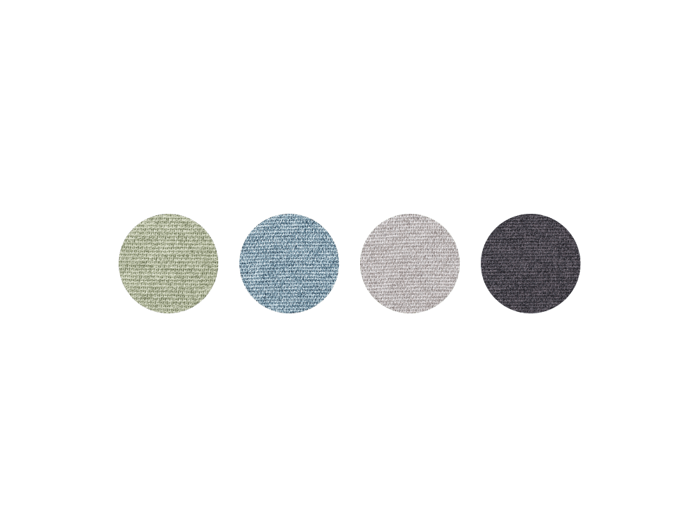 Four fabric swatches in circles: light green, light blue, light grey, and dark grey, displayed in a row.