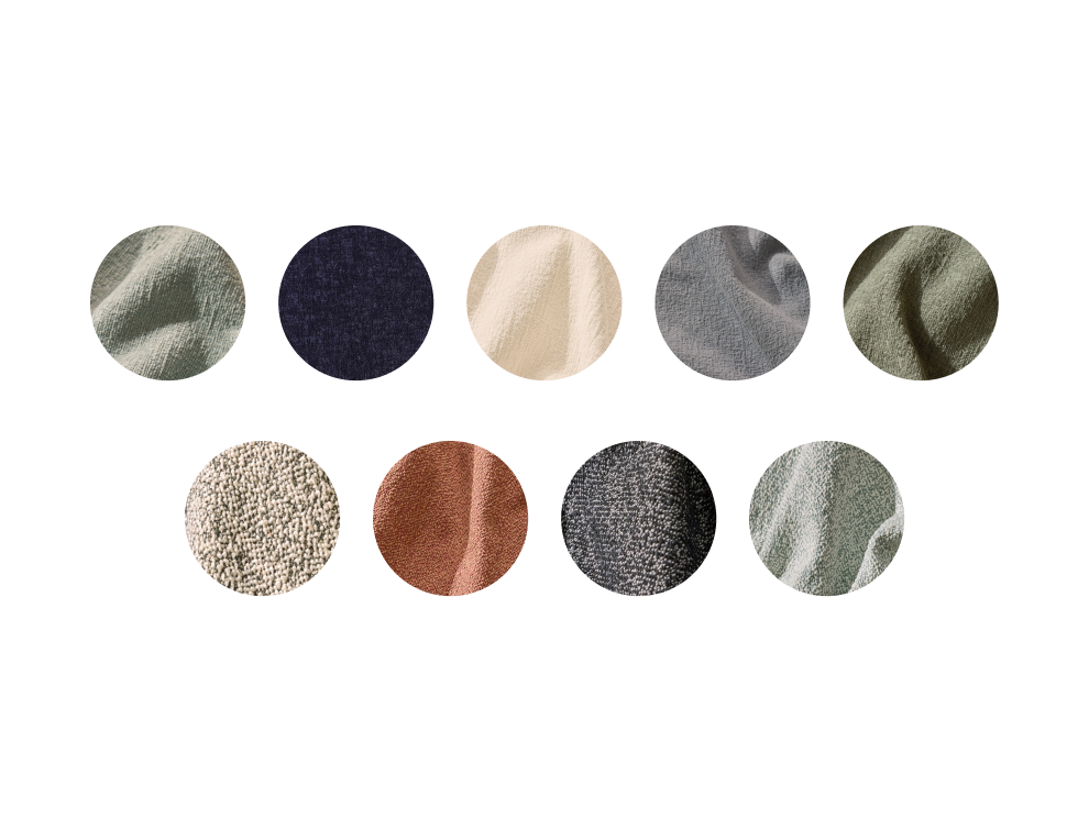 Nine fabric swatches in circles, featuring solid and textured finishes. Colours include green, navy, cream, grey, beige, brown, and light blue.