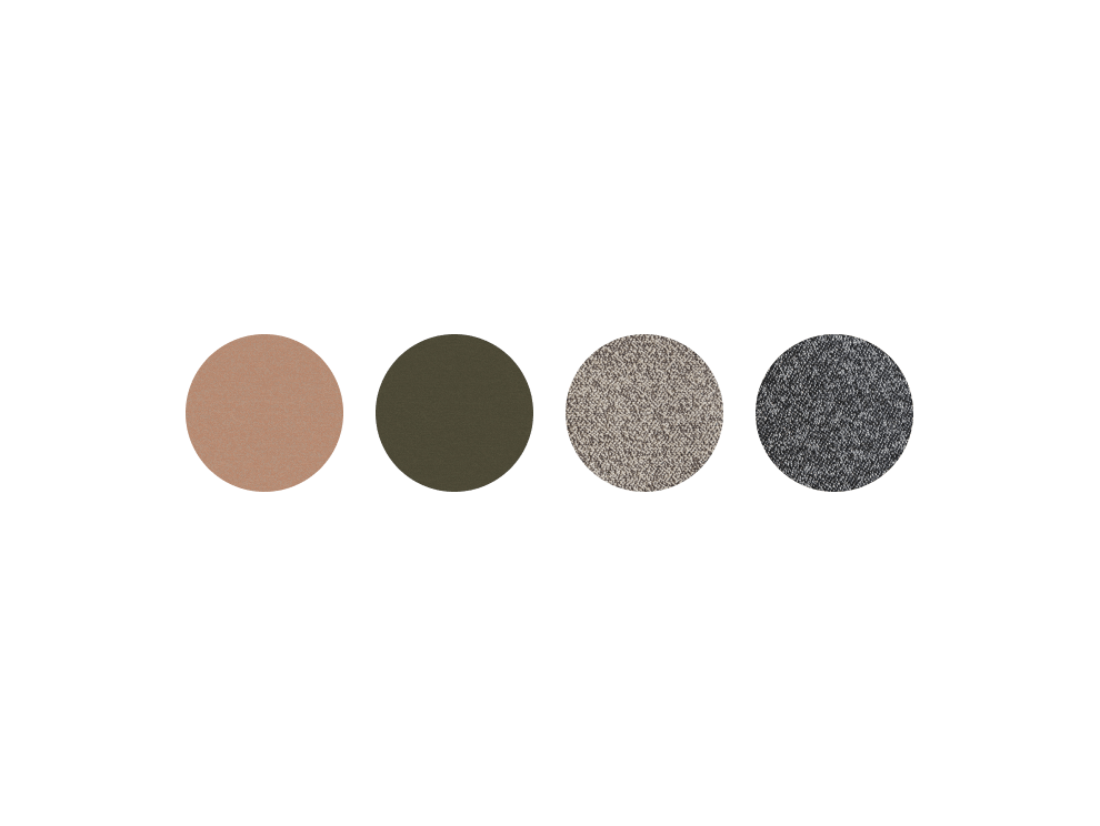 Four fabric swatches in circles: light brown, dark green, light grey, and dark grey, on a plain background.
