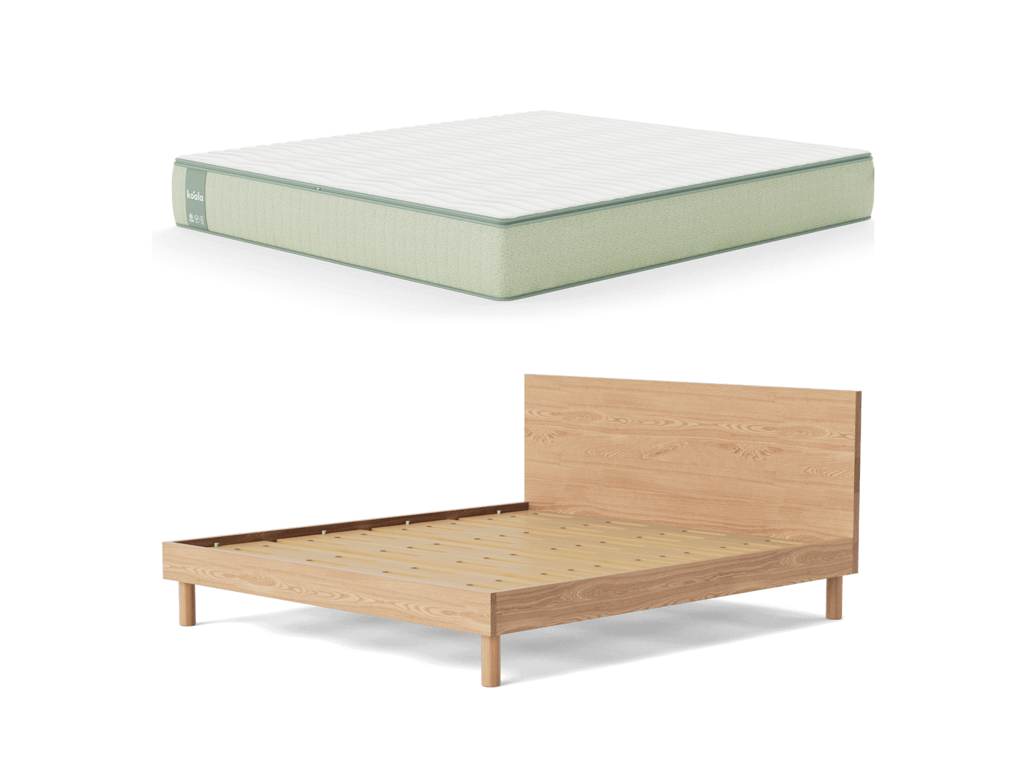 Light green and white mattress above a light wood bed frame with a tall headboard.