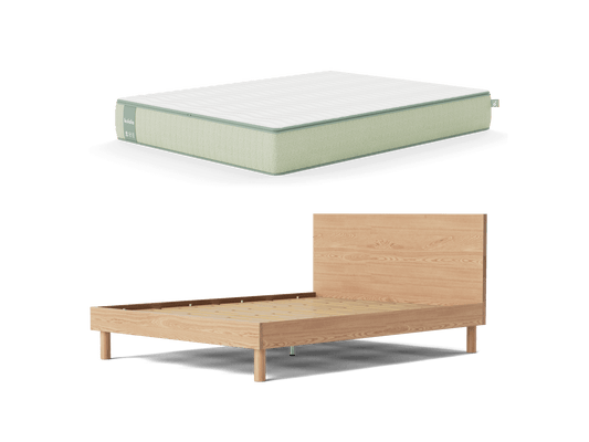 Light green mattress and a light brown wooden bed frame with a tall headboard. Bedroom furniture set on a white background.