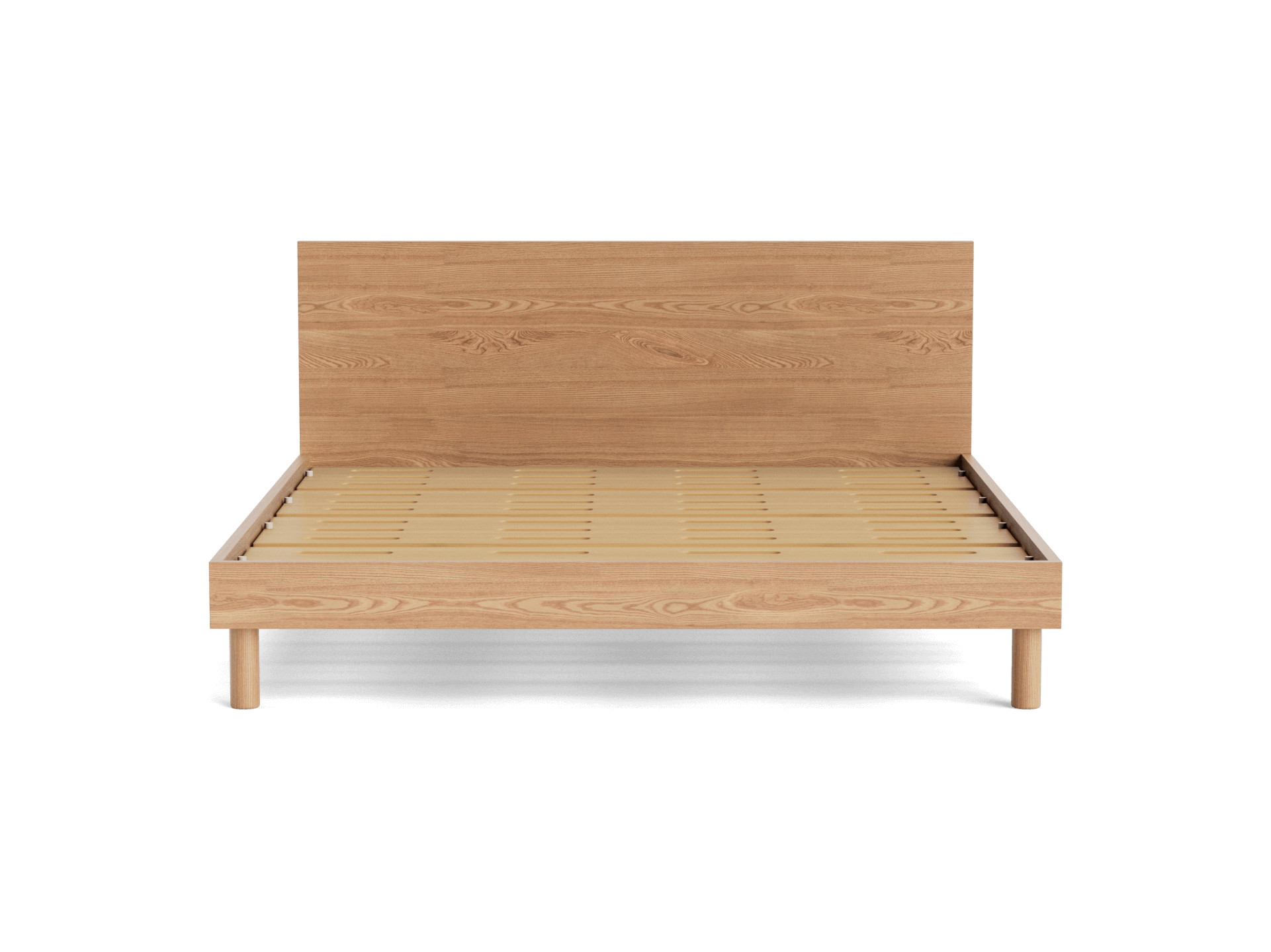 Wooden bed frame with a natural finish, featuring a tall rectangular headboard and a slatted base. Simple, minimalist design.
