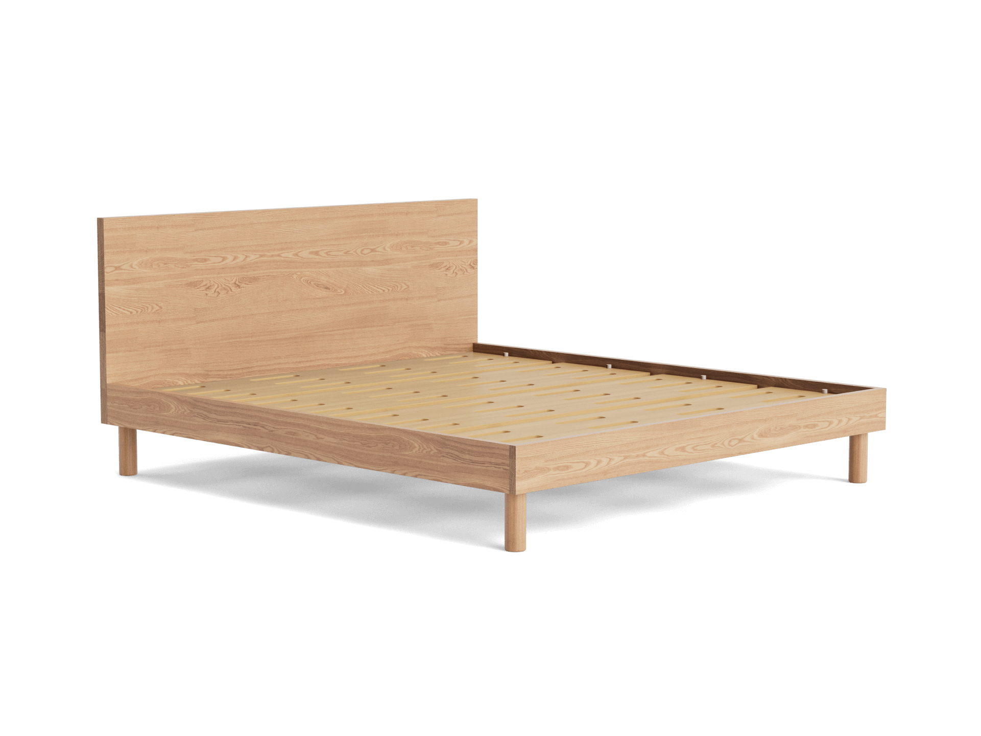 Light wood bed frame with a simple headboard and slatted base. Minimalist design, low profile, without a mattress. Perfect for modern bedrooms.