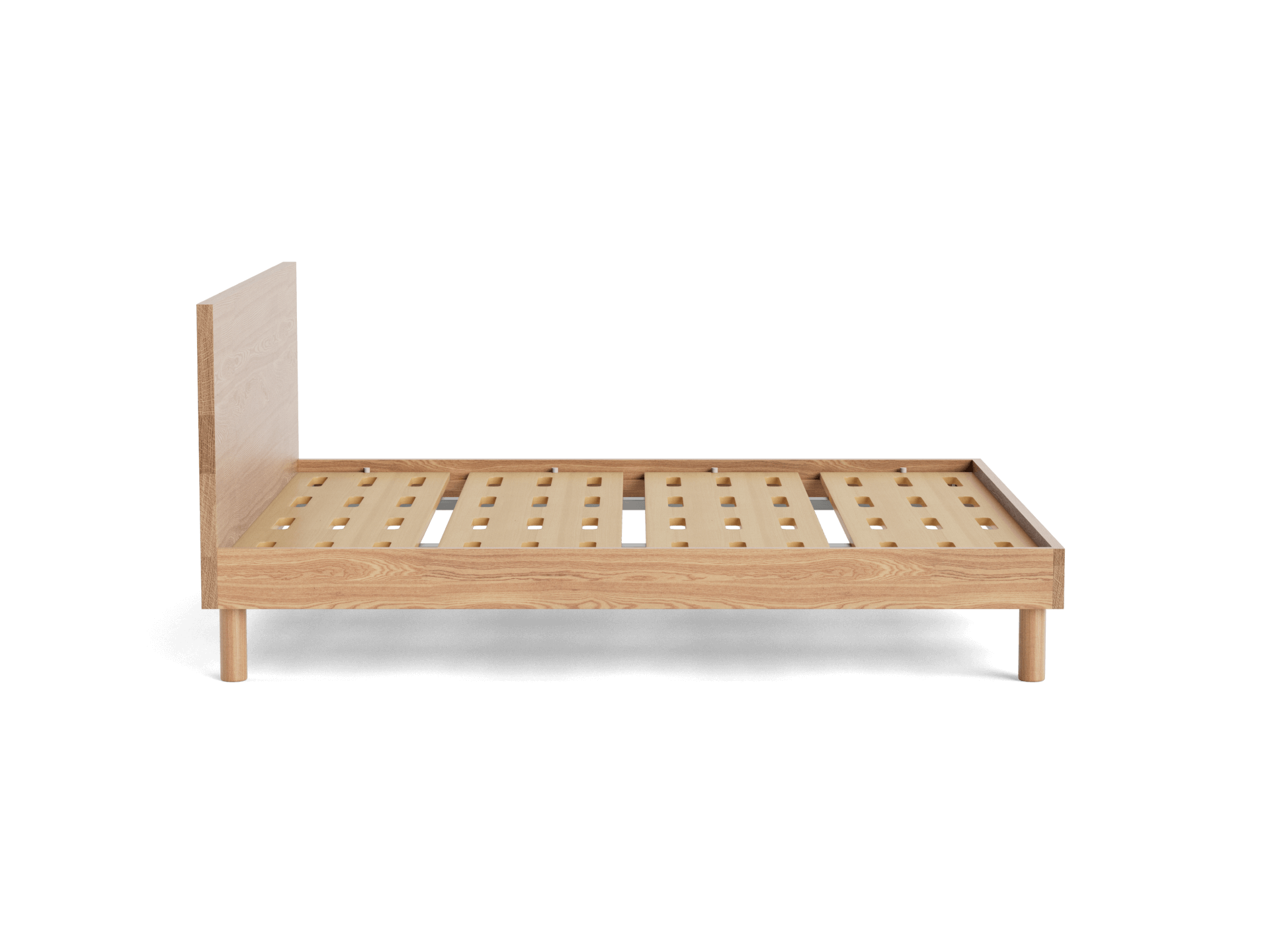 Natural wood bed frame with slatted base and headboard. Simple, minimalist design. No mattress or bedding.