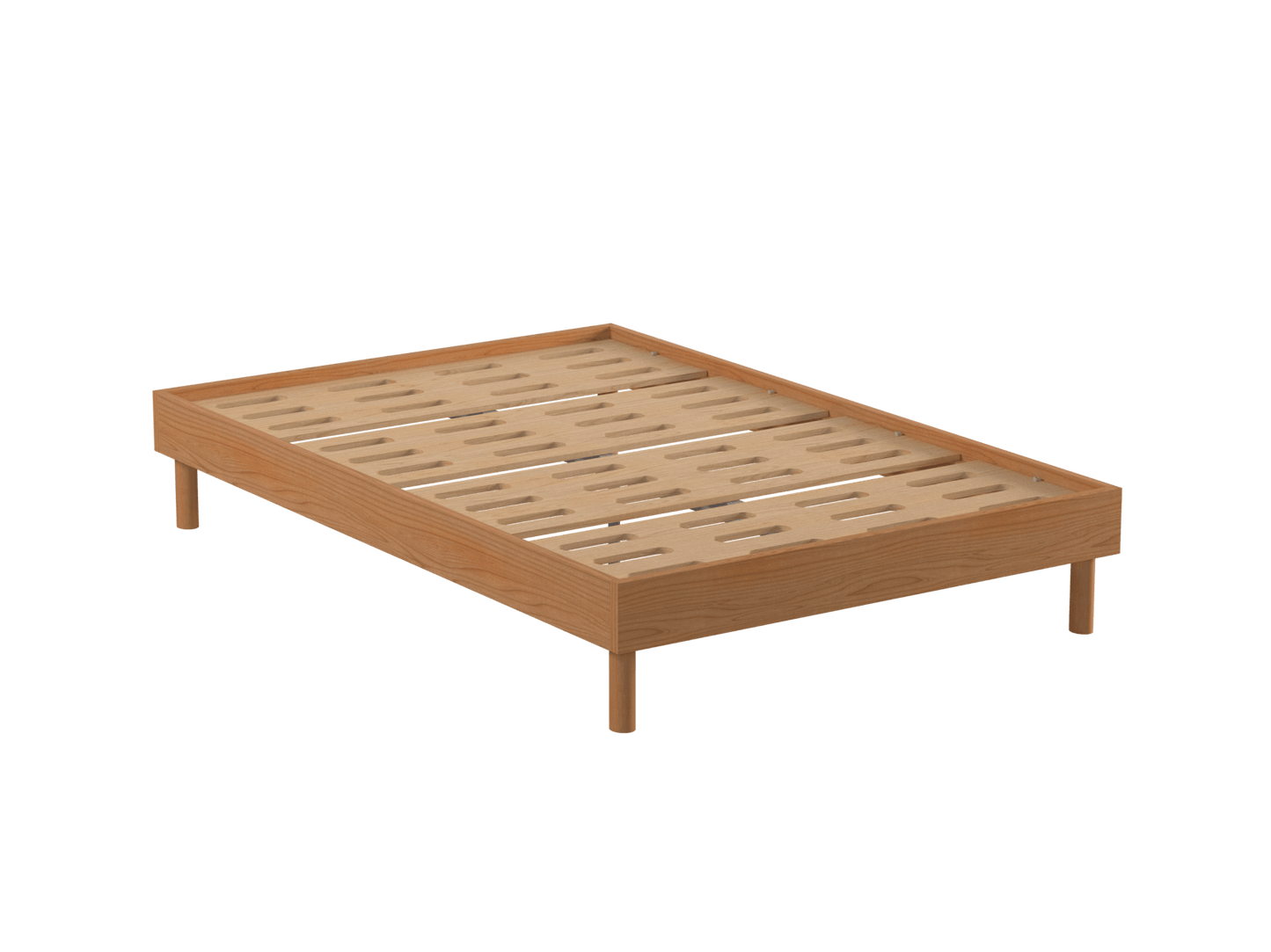Wooden bed frame with slatted base and four legs, in a light brown finish. Ideal for minimalist bedroom decor.