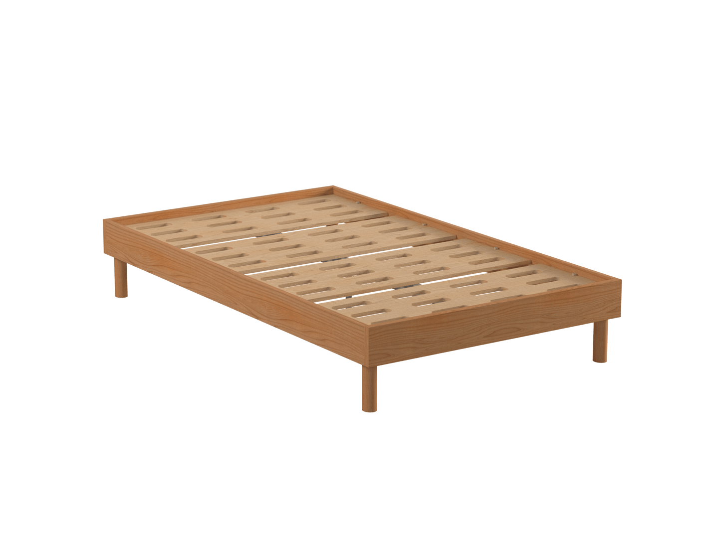Wooden bed base with a slatted design, featuring a light brown finish and cylindrical legs. Perfect for supporting a mattress.