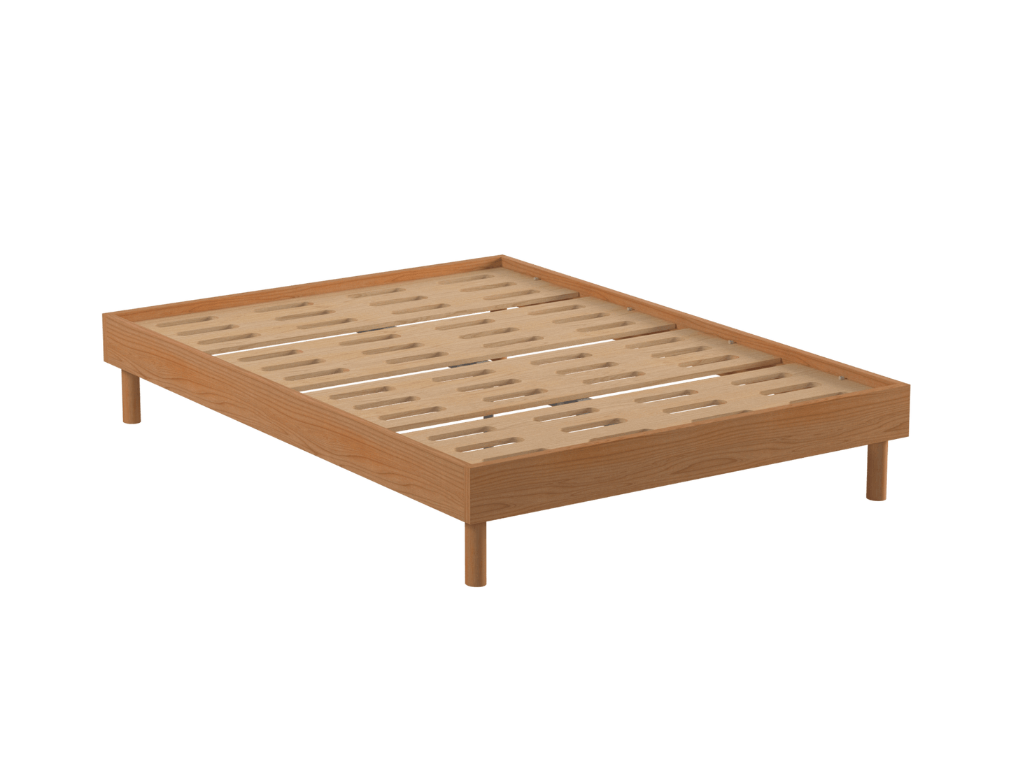 Wooden bed frame with slatted base, rectangular design, supported by four cylindrical legs. Light brown finish. Minimalist and modern style.