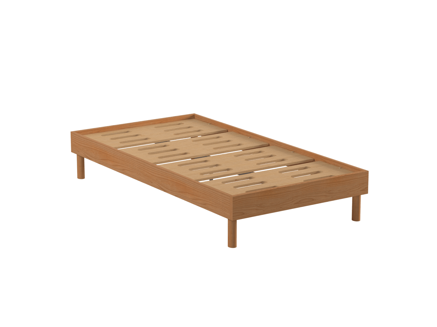 Wooden bed base with slated design, natural finish, and four cylindrical legs. Minimalist style.
