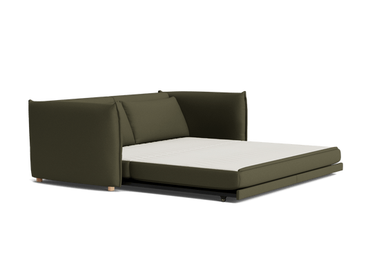 Olive green sofa bed with a pull-out mattress, featuring two back cushions and a minimalist design. Perfect for modern living spaces.