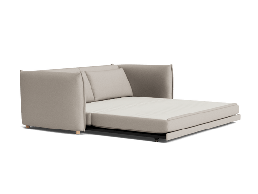 Light grey sofa bed with thick cushions and wooden legs, unfolded to show mattress. Modern, minimalist design suitable for living room or guest room.