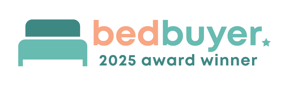 Bedbuyer 2025 award winner logo with a stylised mint green bed icon and salmon text next to it.