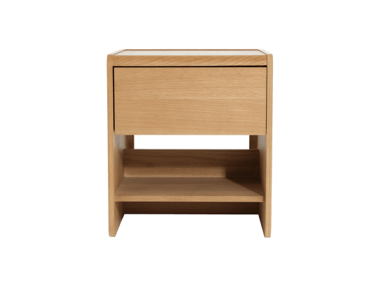 Light brown wood side table with a drawer and an open lower shelf. Simple, modern design.