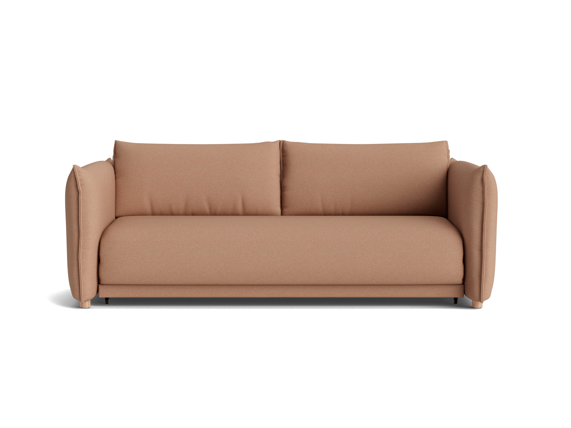 Beige fabric sofa with two cushions, straight arms, and wooden legs, ideal for modern living rooms.