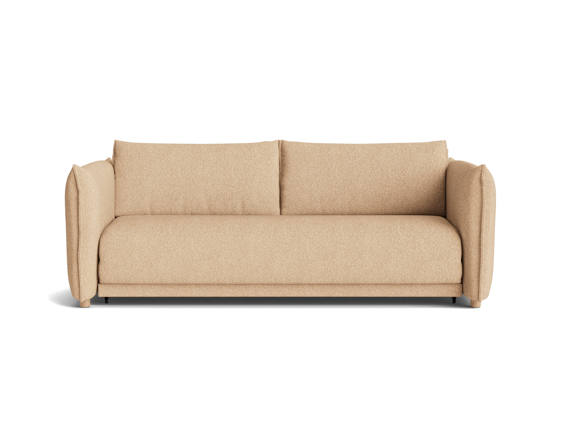 Beige three-seater sofa with plush cushions and rounded armrests on a white background.