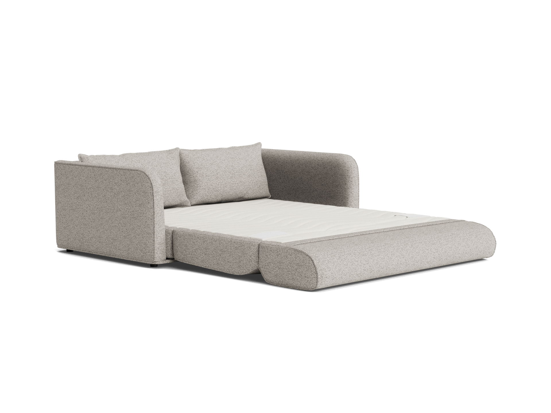 Light grey upholstered sofa bed with foam mattress extended, featuring two matching cushions. Ideal for modern living rooms and guest rooms.