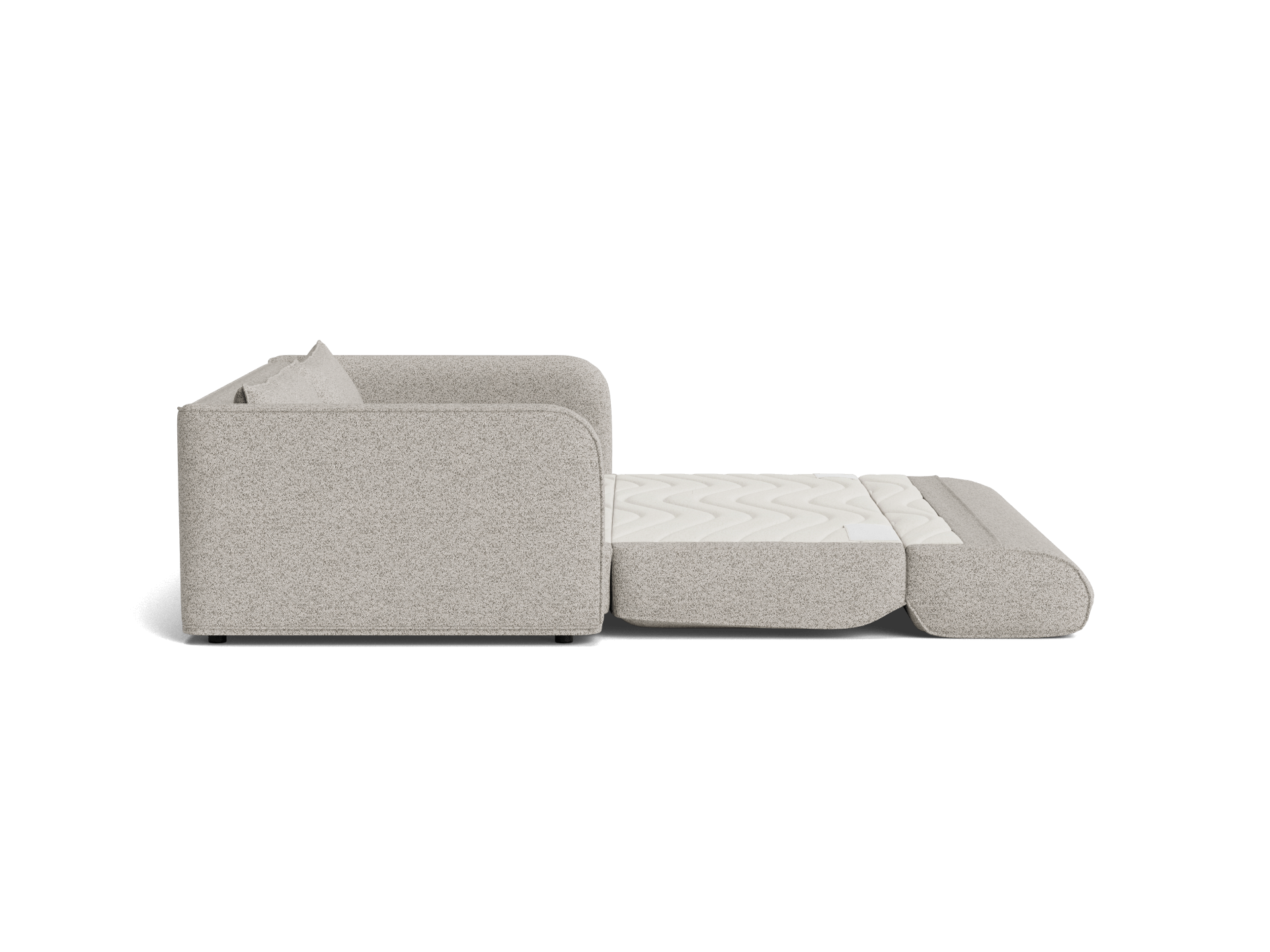 Light grey sofa bed extended to show a cushioned mattress. Features rounded armrests with a minimalist design, perfect for space-saving furniture solutions.