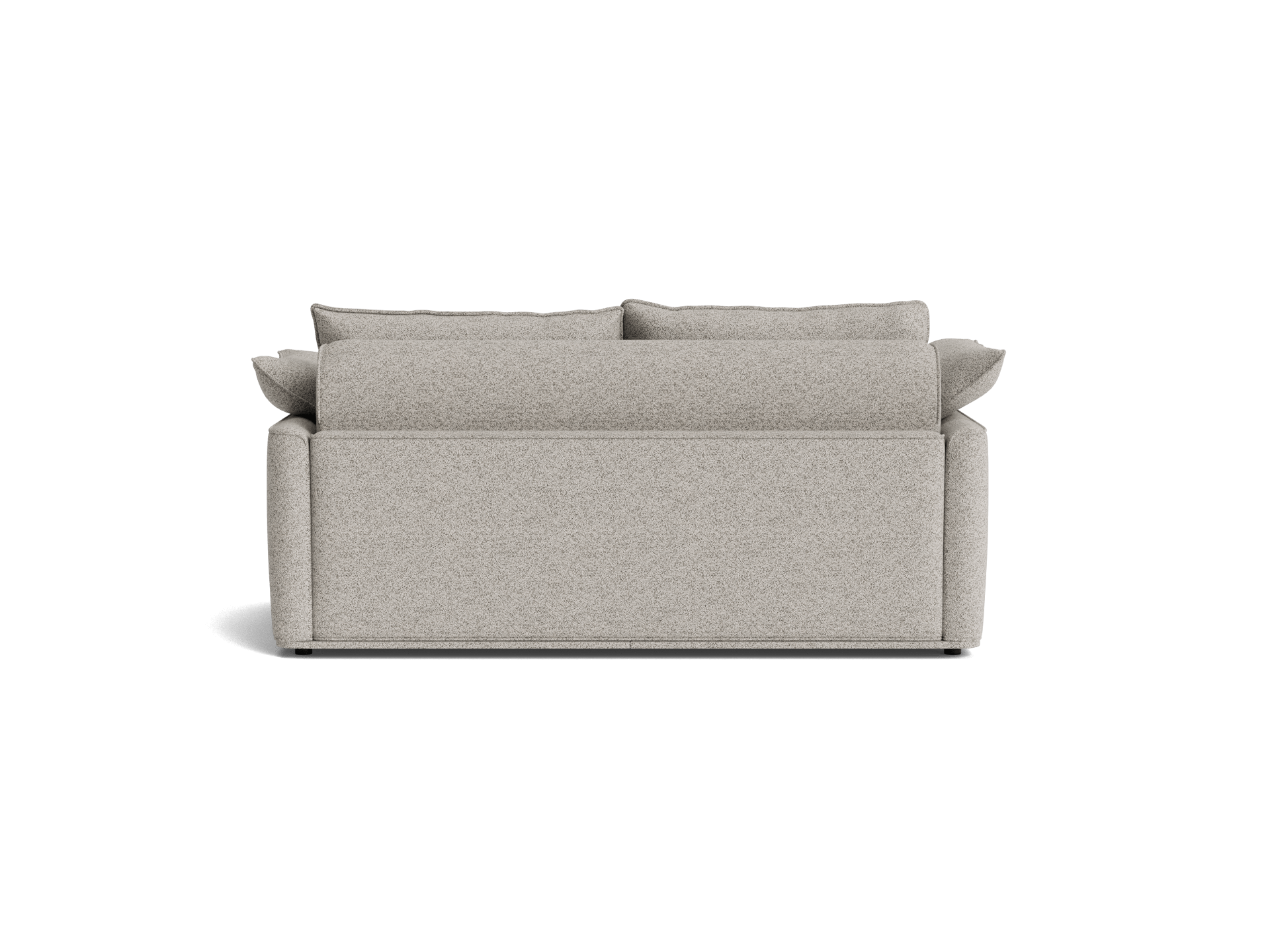Light grey sofa with a minimalist design, straight back, and plush cushions, viewed from the back.