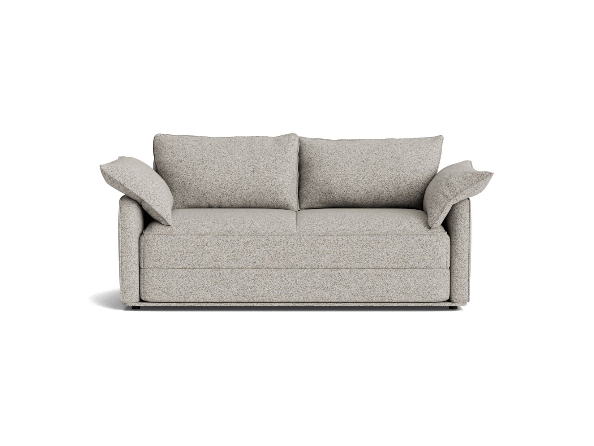 Light grey fabric sofa with two seat cushions, two back cushions, and slightly angled armrests. Minimalist design, suitable for modern interiors.
