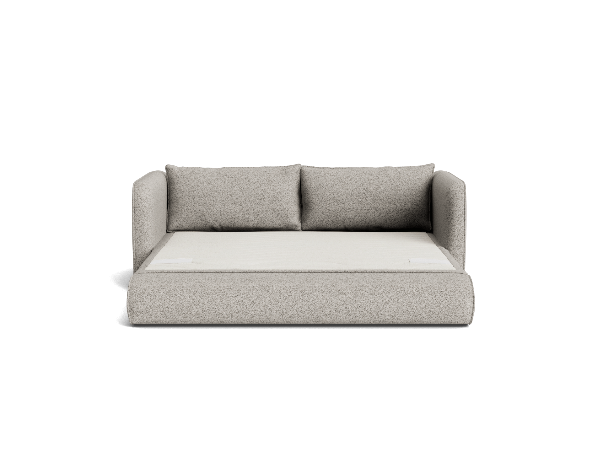 Light grey sofa bed with plush cushions, unfolded into a bed position. Modern design with soft fabric. Perfect for compact living spaces.