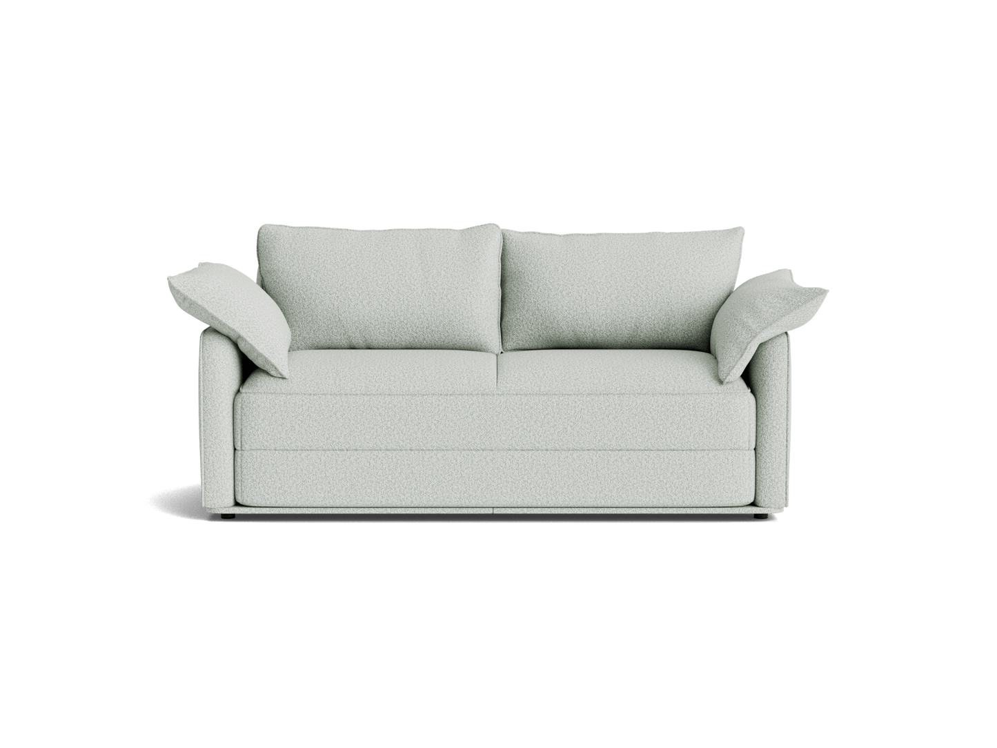 Light grey fabric sofa with two large cushions and padded armrests on each side. Simple, modern design against a plain backdrop.