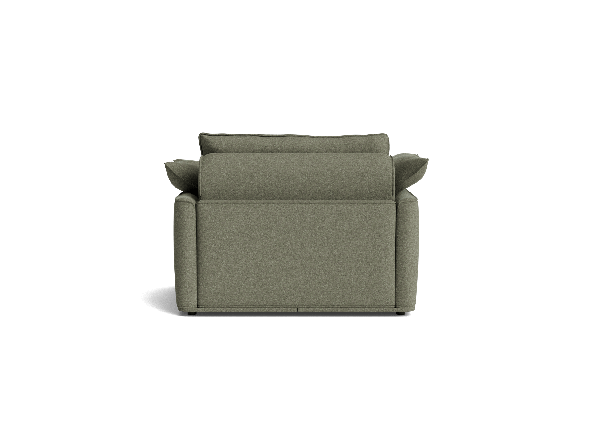 Olive green fabric sofa, featuring cushioned back and armrests, viewed from the front. Ideal for modern lounge room décor.